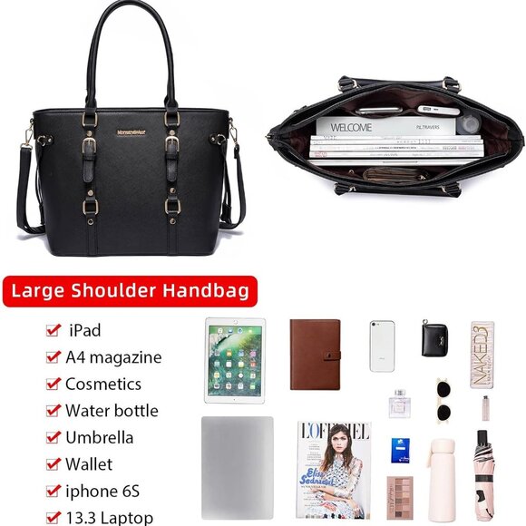 Chic 3PCS Black Handbag Collection: Tote, Medium Purse & Wallet - Perfect Gift - Picture 4 of 6